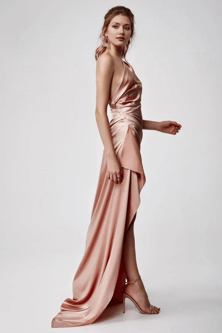 Affordable Fitted One Shoulder Sleeveless Satin Floor-Length Prom Dress