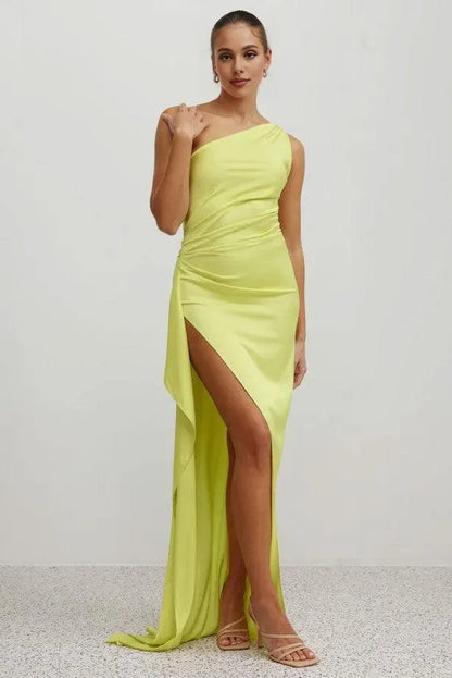 Affordable Fitted One Shoulder Sleeveless Satin Floor-Length Prom Dress