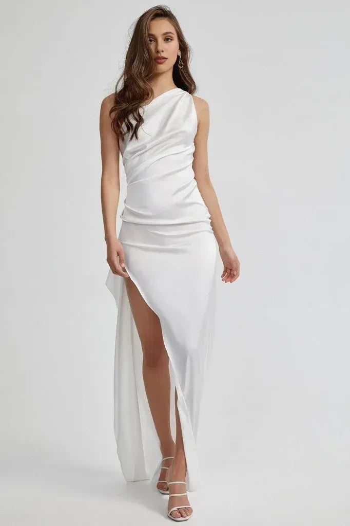 Affordable Fitted One Shoulder Sleeveless Satin Floor-Length Wedding Dress