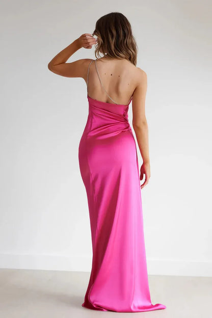 Affordable Fitted One Shoulder Sleeveless Satin Floor-Length Prom Dress