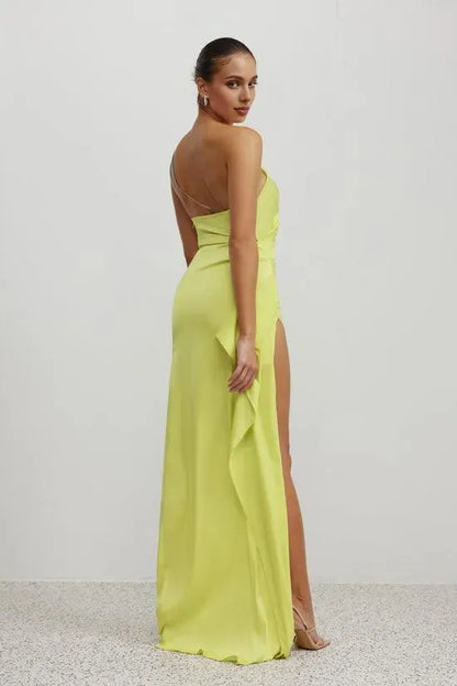 Affordable Fitted One Shoulder Sleeveless Satin Floor-Length Prom Dress