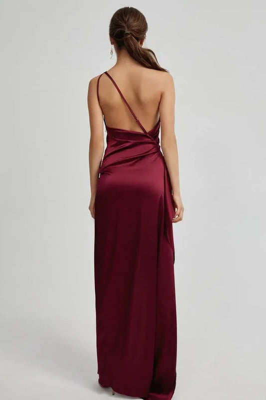 Affordable Fitted One Shoulder Sleeveless Satin Floor-Length Prom Dress
