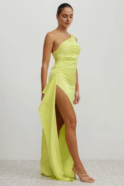 Affordable Fitted One Shoulder Sleeveless Satin Floor-Length Prom Dress