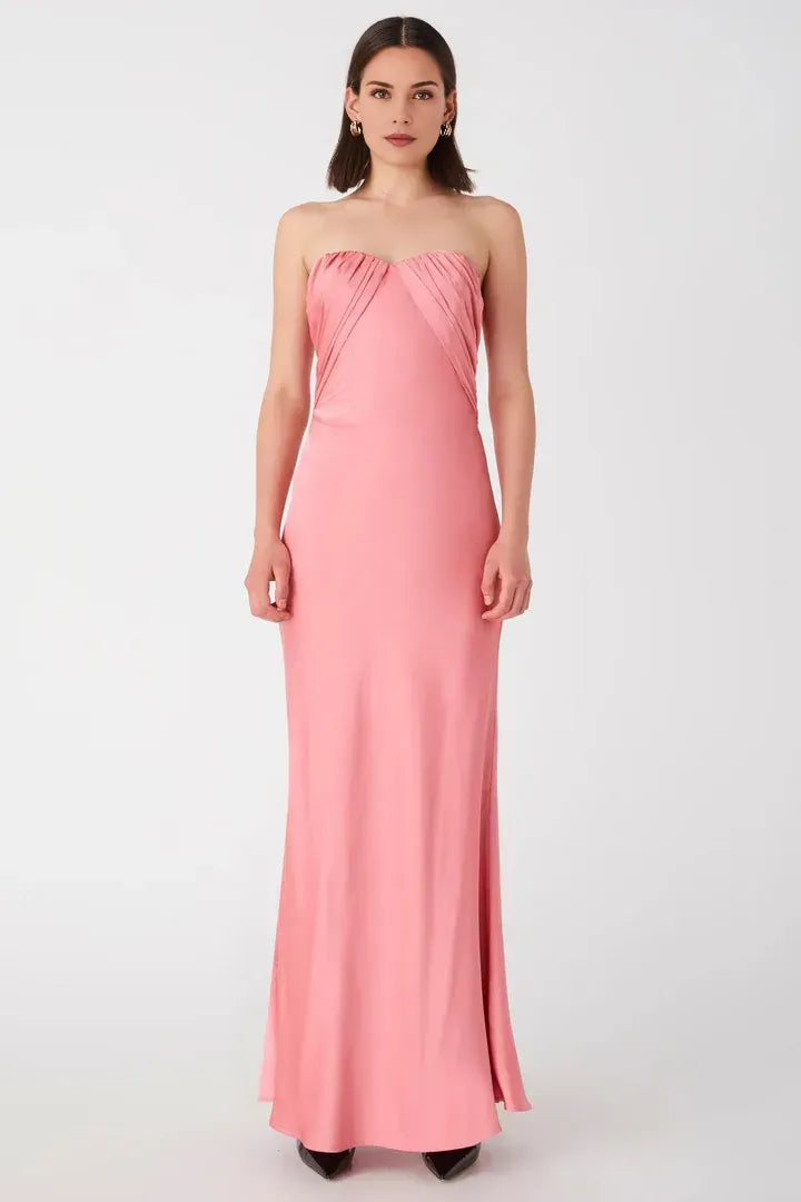 Affordable Fitted Strapless Sleeveless Satin Floor-Length Prom Dress