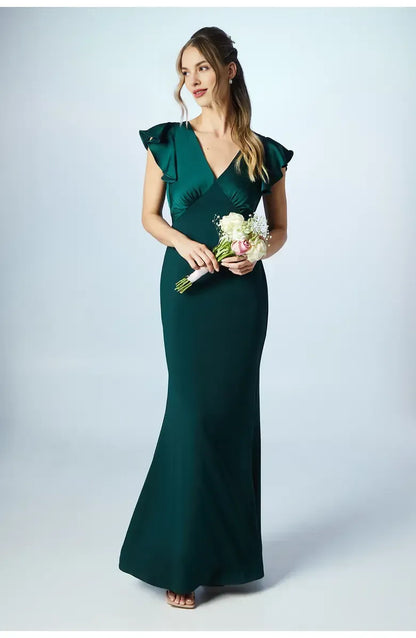 Affordable Fitted V Neck Short Sleeve Satin Floor-Length Prom Dress