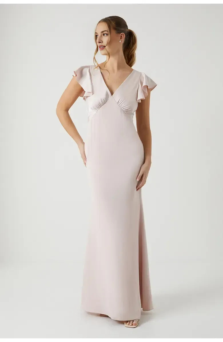 Affordable Fitted V Neck Short Sleeve Satin Floor-Length Prom Dress