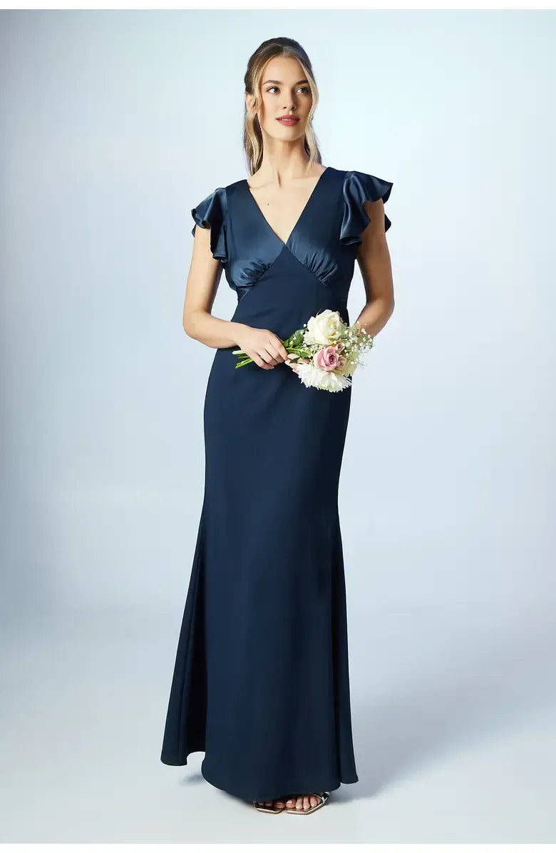 Affordable Fitted V Neck Short Sleeve Satin Floor-Length Prom Dress