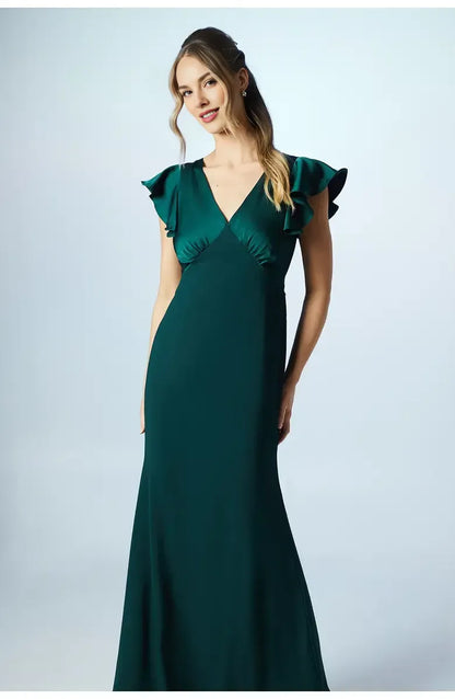 Affordable Fitted V Neck Short Sleeve Satin Floor-Length Prom Dress