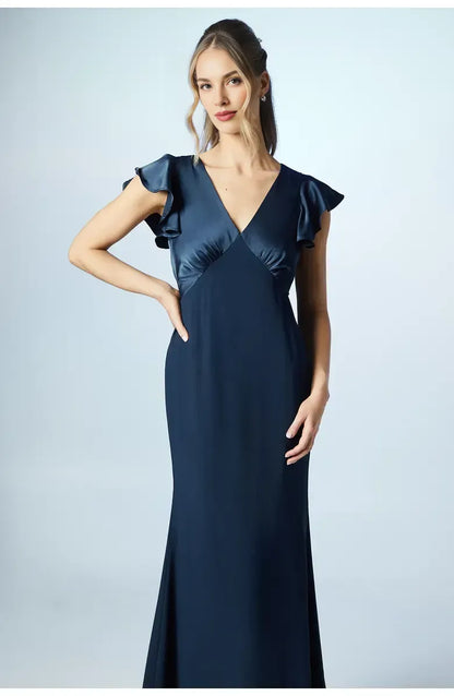 Affordable Fitted V Neck Short Sleeve Satin Floor-Length Prom Dress