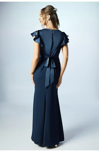 Affordable Fitted V Neck Short Sleeve Satin Floor-Length Prom Dress