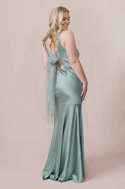 Affordable Mermaid Scoop Neck Sleeveless Satin Floor-Length Prom Dress