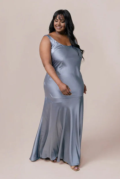 Affordable Mermaid Scoop Neck Sleeveless Satin Floor-Length Plus Size Prom Dress