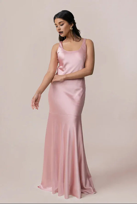 Affordable Mermaid Scoop Neck Sleeveless Satin Floor-Length Prom Dress