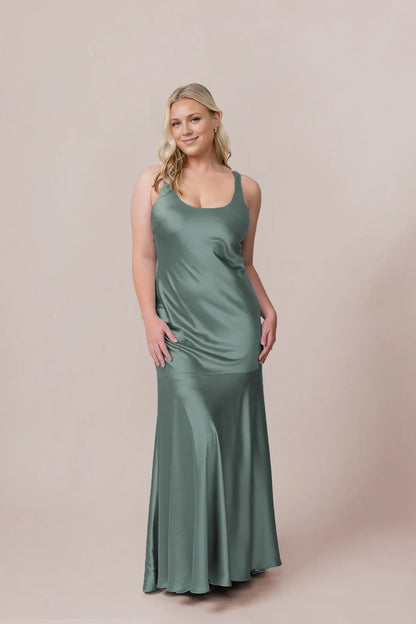 Affordable Mermaid Scoop Neck Sleeveless Satin Floor-Length Prom Dress