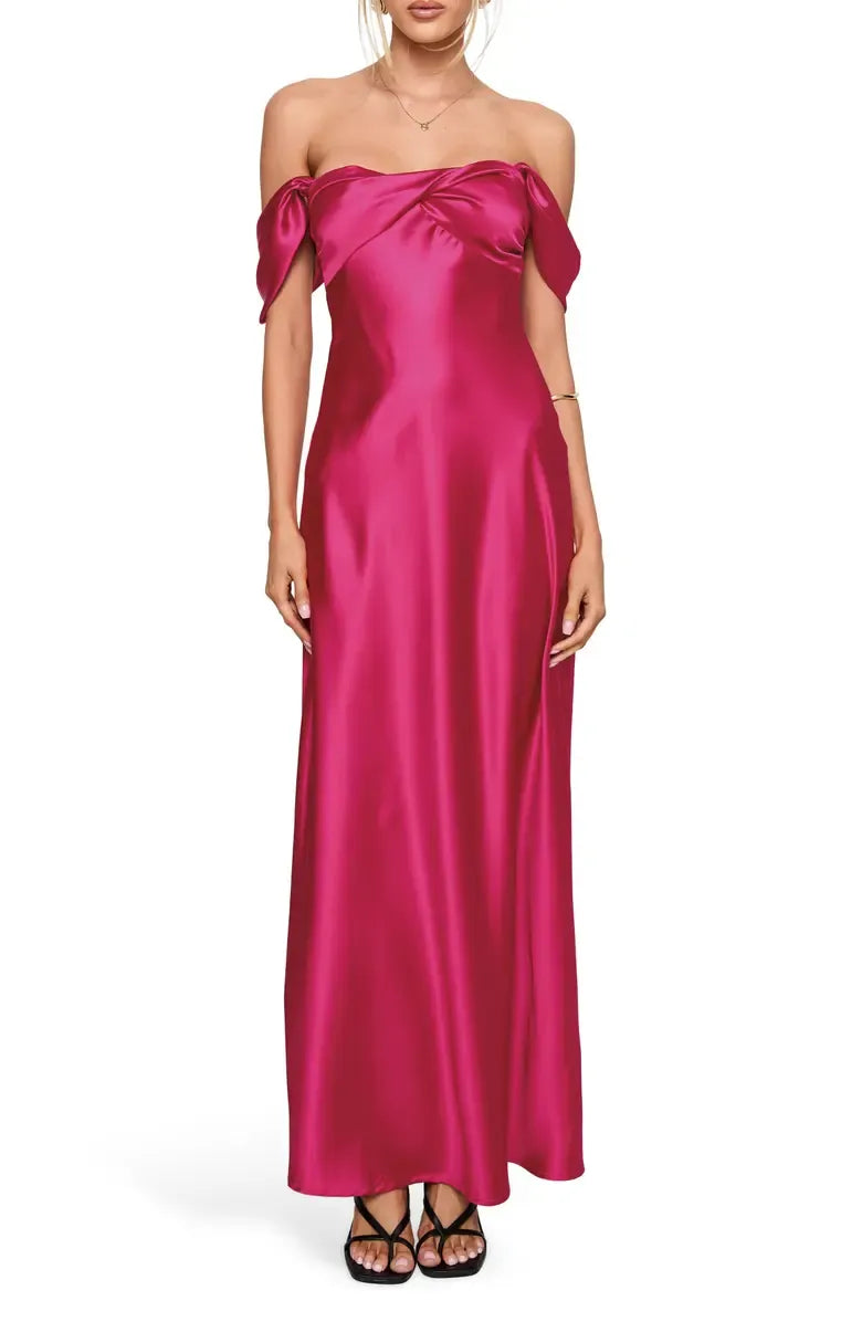 Affordable Sheath Off the Shoulder Sleeveless Satin Floor-Length Prom Dress
