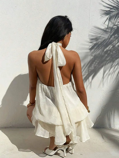 Airy Babydoll Halter Neck Tie Back Layered Ruffle White Mini Homecoming Dress