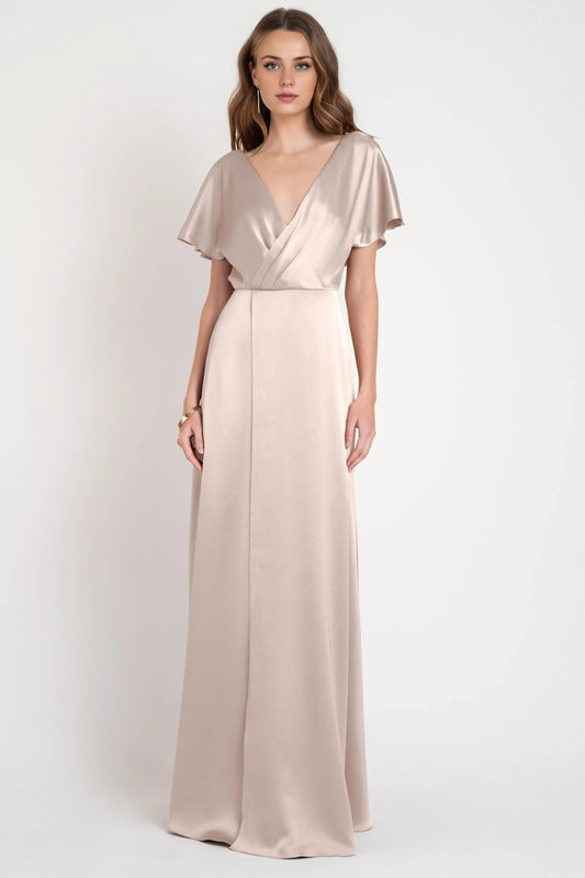 A line Slit Flutter Sleeve Satin Beautiful Floor Length Prom Dresses Backless Simple V Neck Prom Dresses for Women