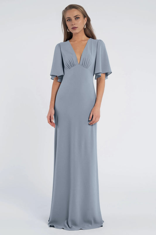 A line V Neck No Slit Flutter Sleeve Beautiful Floor Length Prom Dresses Backless With Sleeves Evening Dresses for Women