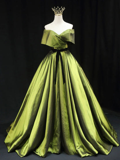 A line V Neck Simple Satin Off-the-Shoulder Prom Dress Sleeveless