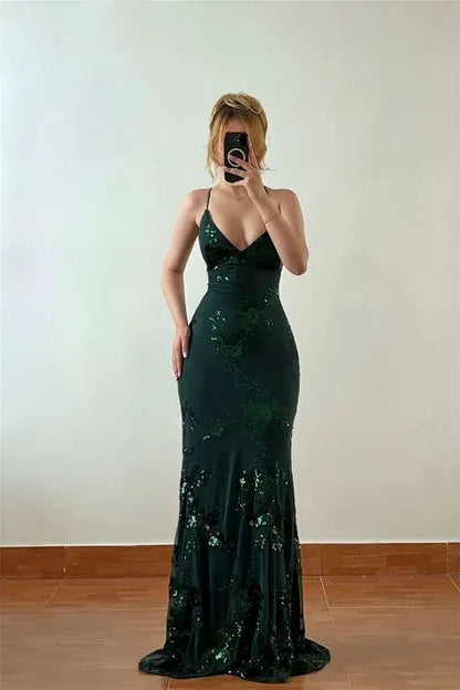 Alluring Mermaid Spaghetti Strap V-Neck Criss Cross Back Sequin Floor-Length Evening Dress