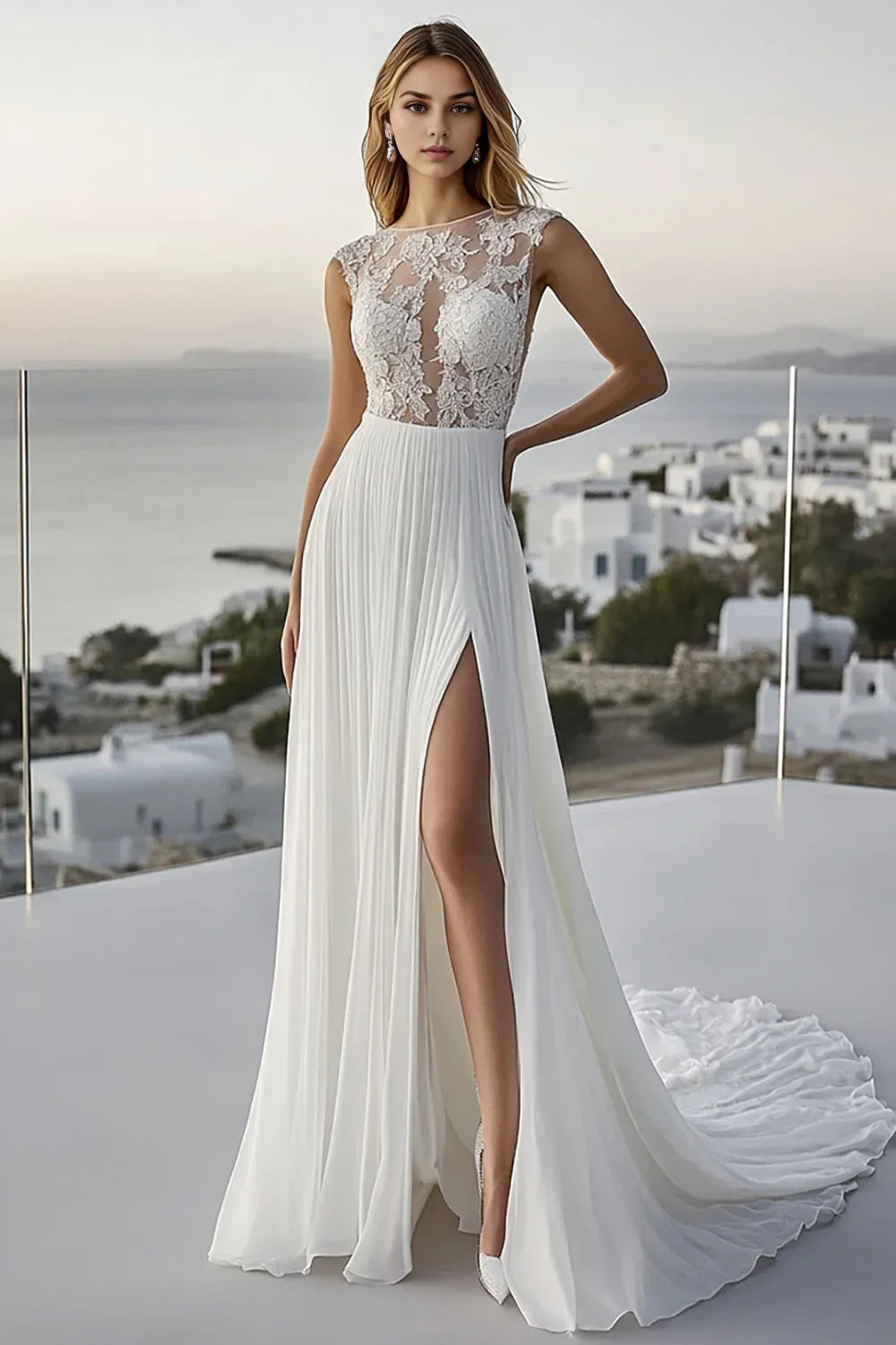 Alluring A Line Boat Neck Sleeveless Chiffon Sweep/Brush Train Wedding Dress