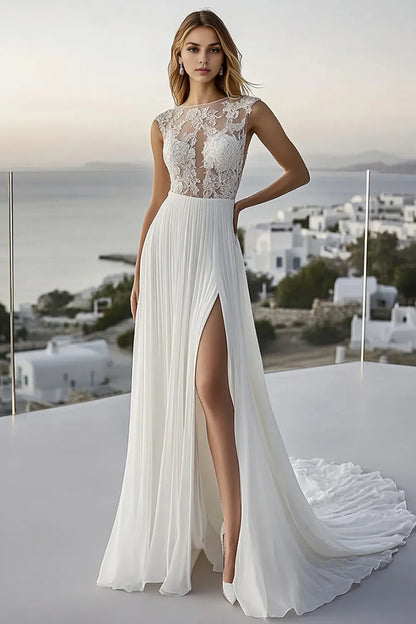 Alluring A Line Boat Neck Sleeveless Chiffon Sweep/Brush Train Wedding Dress