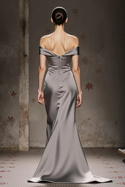 Alluring Mermaid/Trumpet Off the Shoulder Sleeveless Satin Sweep/Brush Train Prom Dress
