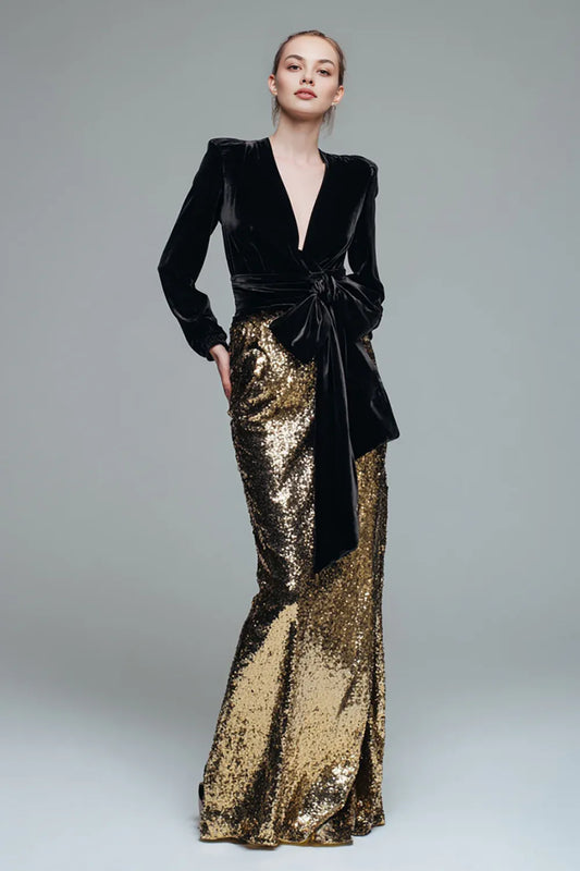 Alluring Sheath/Column V Neck Long Sleeve Sequins Floor-Length Prom Dress
