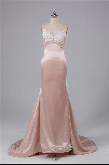 Formal Wear Dresses Pearl Pink Open Back Sweep Train Prom Dress with Lace Appliques Prom Dresses Shops Formal Women's Dresses