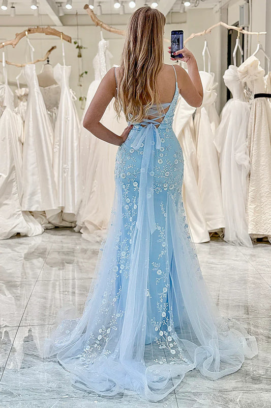 Formal Wear Dresses Blue Spaghetti Straps Tulle Mermaid Long Prom Dress with Appliques Prom Dresses Shops Formal Women's Dresses