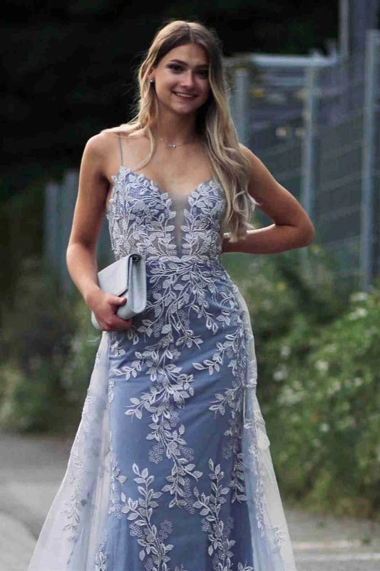 Formal Women's Dresses Stunning Dsuty Blue Tulle Long Formal Dress with Appliques Prom Dresses Stores