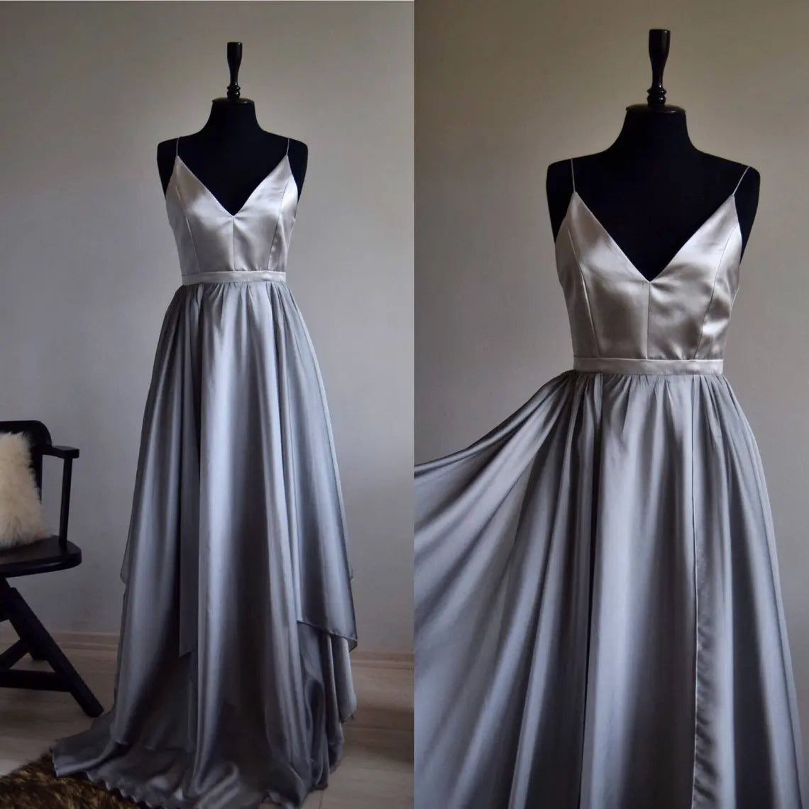 Asymmetrical Off Shoulder SleevelessSpaghetti Straps V Neck Prom Dress
