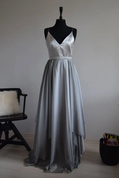 Asymmetrical Off Shoulder SleevelessSpaghetti Straps V Neck Prom Dress