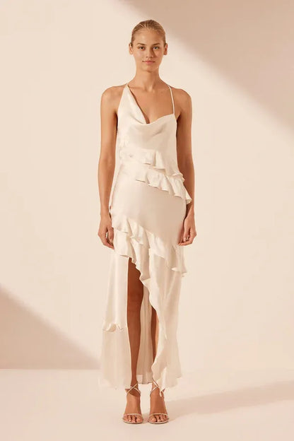 Formal Wear Dresses Asymmetrical Ruffle Maxi Dress Ivory Wedding Dress Prom Dress Shops