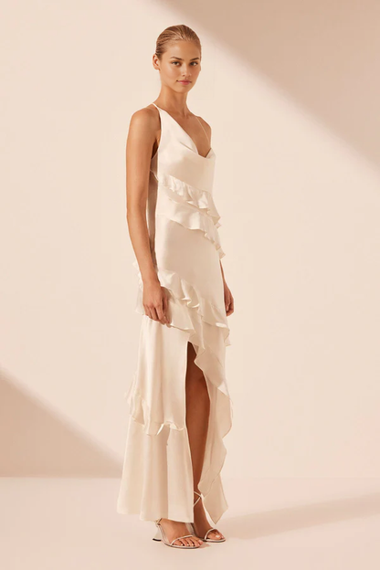 Formal Wear Dresses Asymmetrical Ruffle Maxi Dress Ivory Wedding Dress Prom Dress Shops