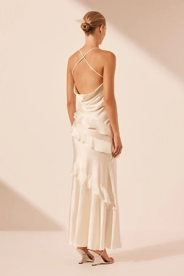 Formal Wear Dresses Asymmetrical Ruffle Maxi Dress Ivory Wedding Dress Prom Dress Shops