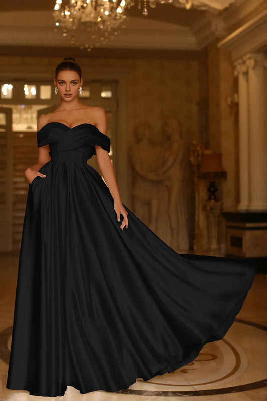 Dress A Line Long Pleated Formal Prom Dress Off the Shoulder Floor-Length Sleeveless Evening Dress