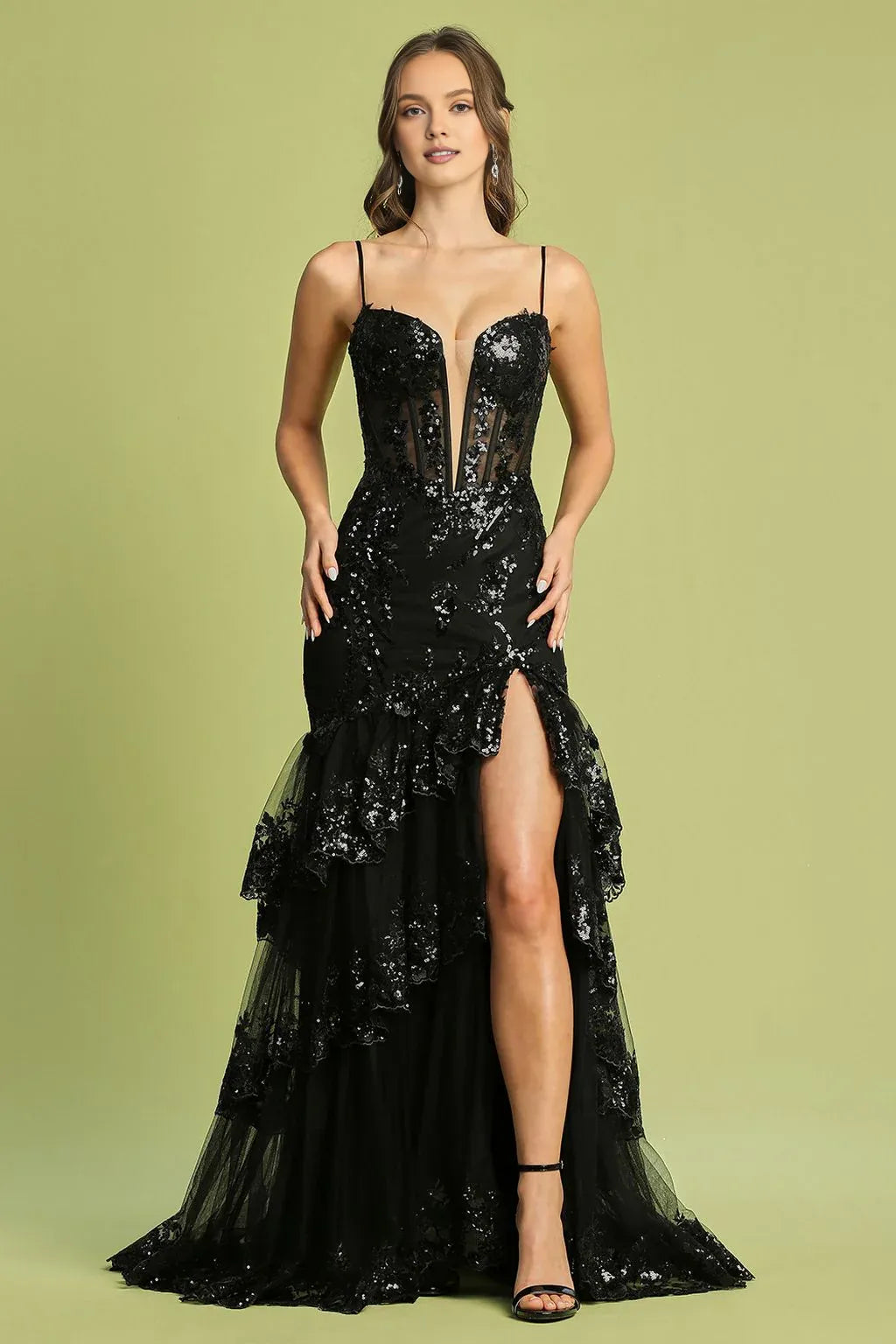 Dress Applique Corset Long Fitted Formal Dress Spaghetti Strap Lace Up Prom Dress