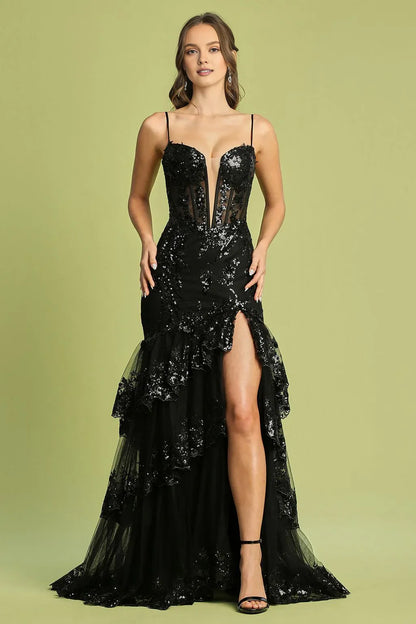 Dress Applique Corset Long Fitted Formal Dress Spaghetti Strap Lace Up Prom Dress