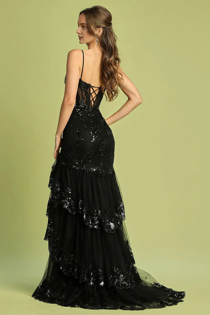 Dress Applique Corset Long Fitted Formal Dress Spaghetti Strap Lace Up Prom Dress