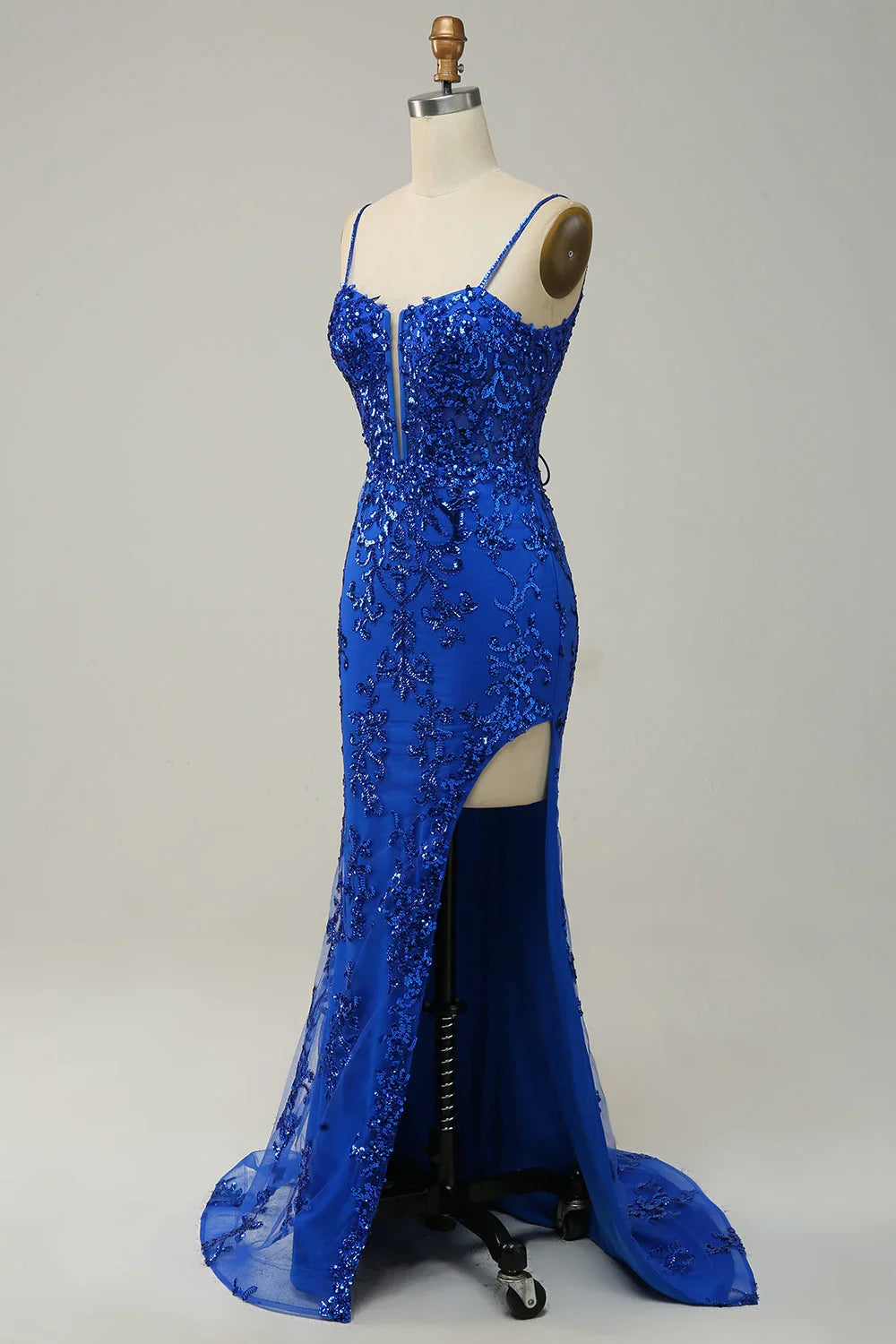 Spaghetti Straps Appliques Prom Party Dresses With Slit