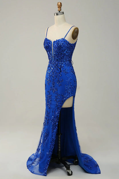 Spaghetti Straps Appliques Prom Party Dresses With Slit