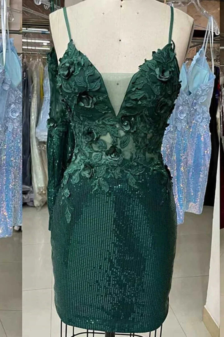 Spaghetti Straps V Neck Sequin Appliques Bodycon Homecoming Dress