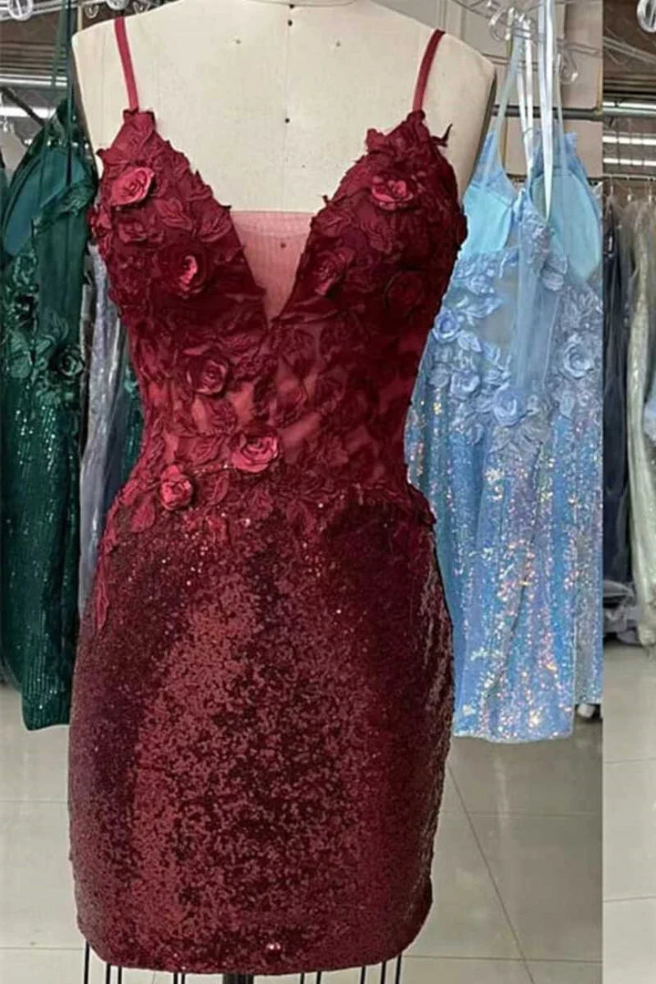 Spaghetti Straps V Neck Sequin Appliques Bodycon Homecoming Dress