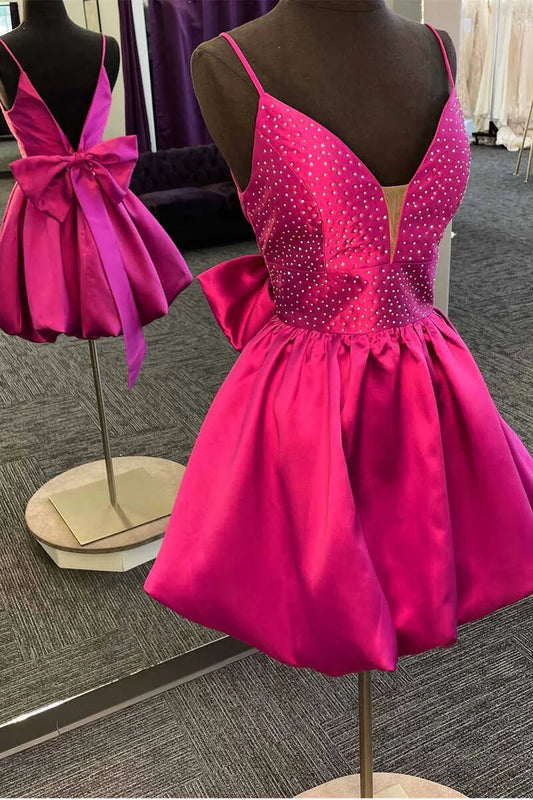 BSpaghetti Straps eaded V-Neck Bow Back A-Line Short Homecoming Dress