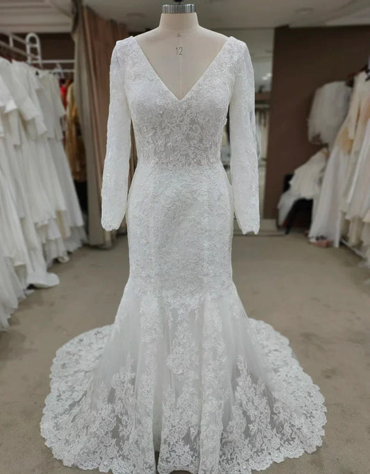 Backless Bohemian Simple V-Neck Long Sleeve Lace Wedding Dress With Train