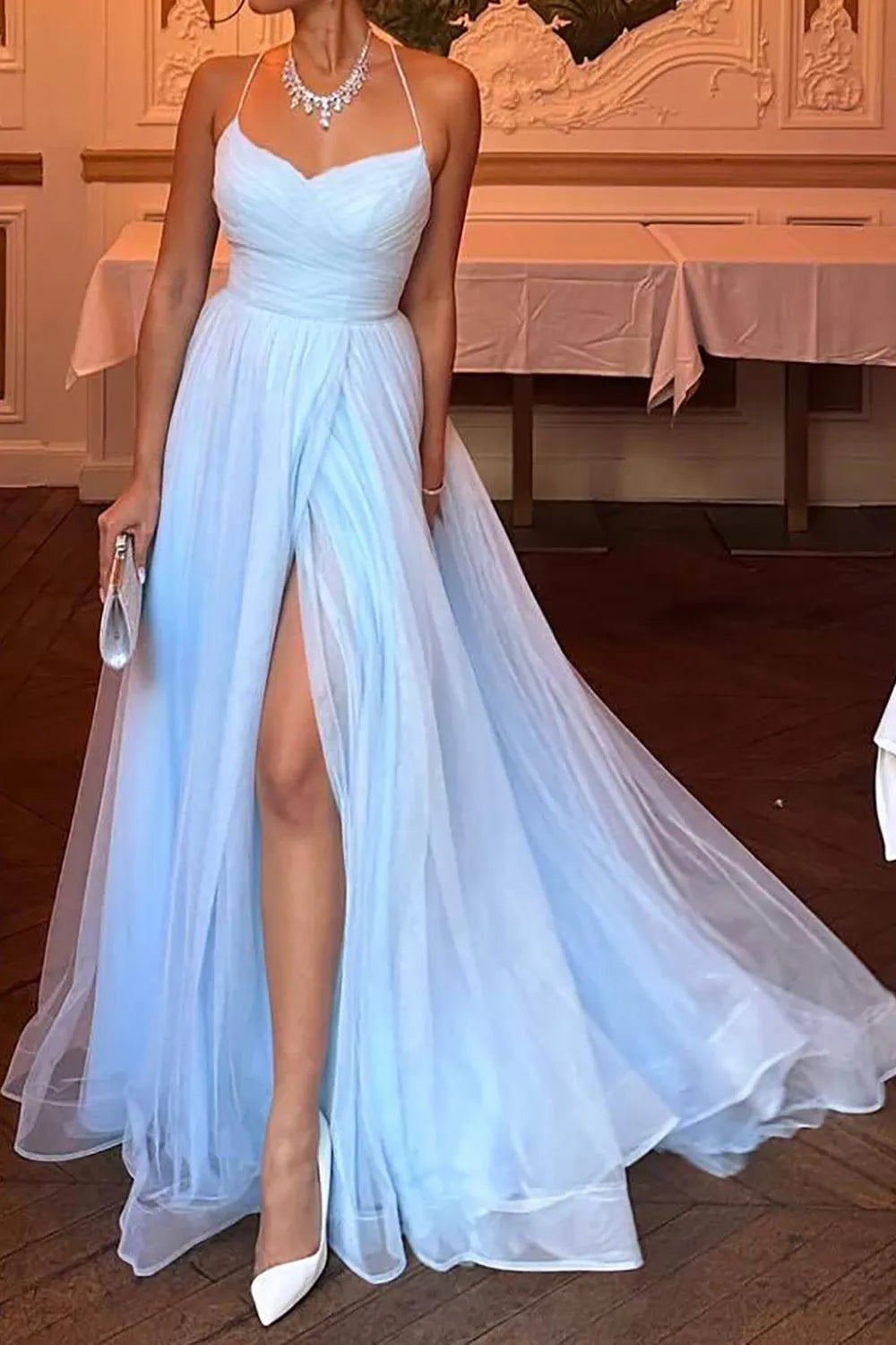 Backless Elegant A Line Spaghetti Straps Sky Blue Long Prom Dress with Split Front
