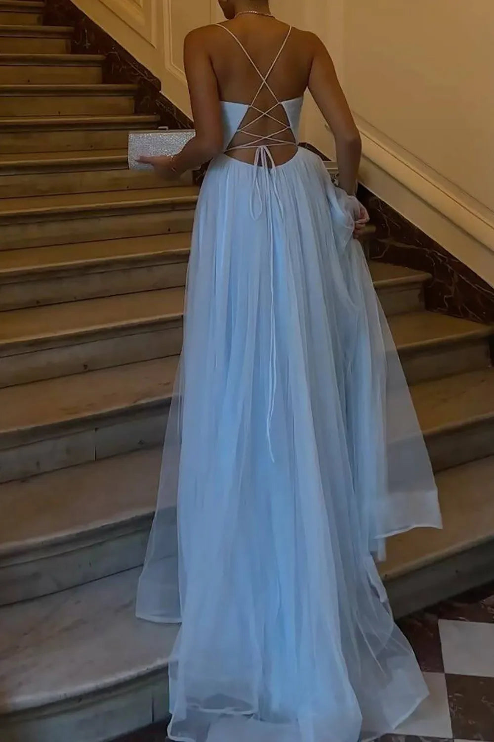 Backless Elegant A Line Spaghetti Straps Sky Blue Long Prom Dress with Split Front