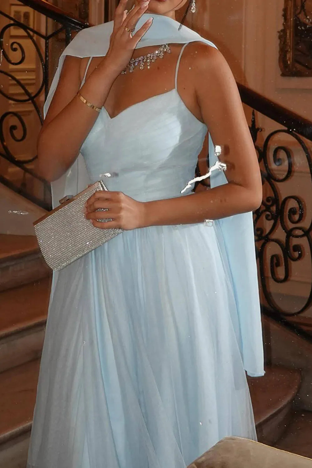 Backless Elegant A Line Spaghetti Straps Sky Blue Long Prom Dress with Split Front