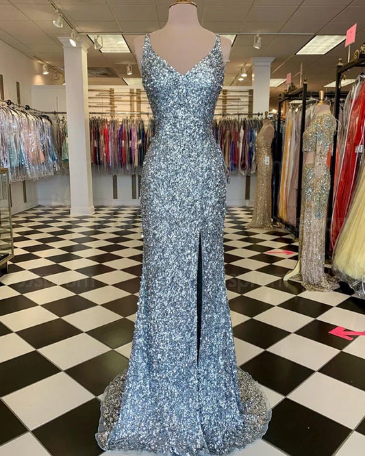 Backless Mermaid Silver Sleeveless Sequin V-Neck Slit Prom Evening Dress